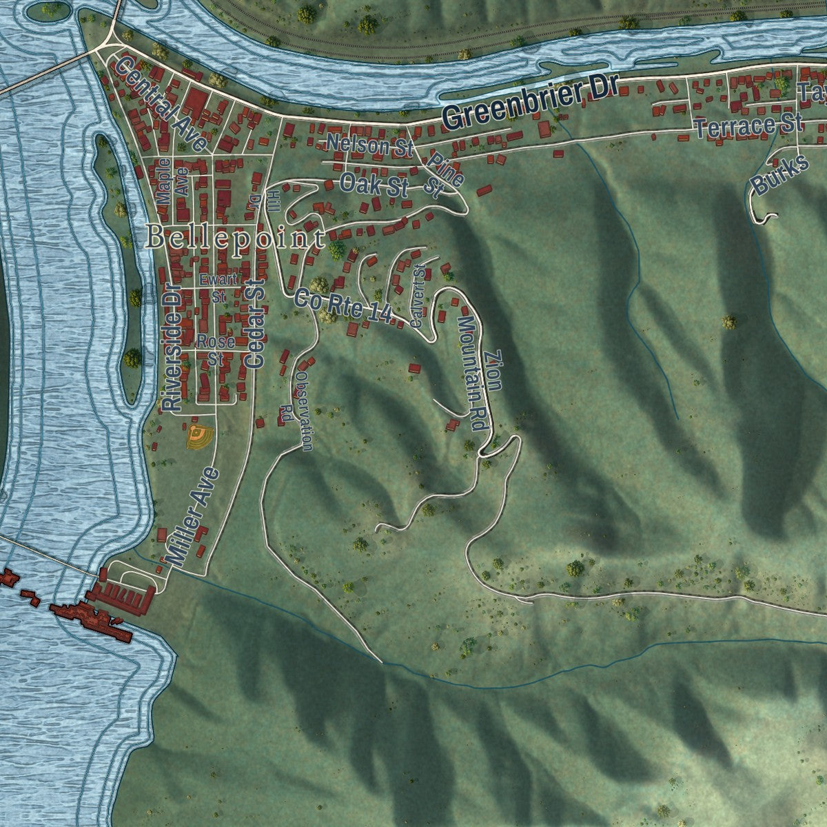 Second close-up of the map of Hinton, West Virginia print showing more streets and buildings