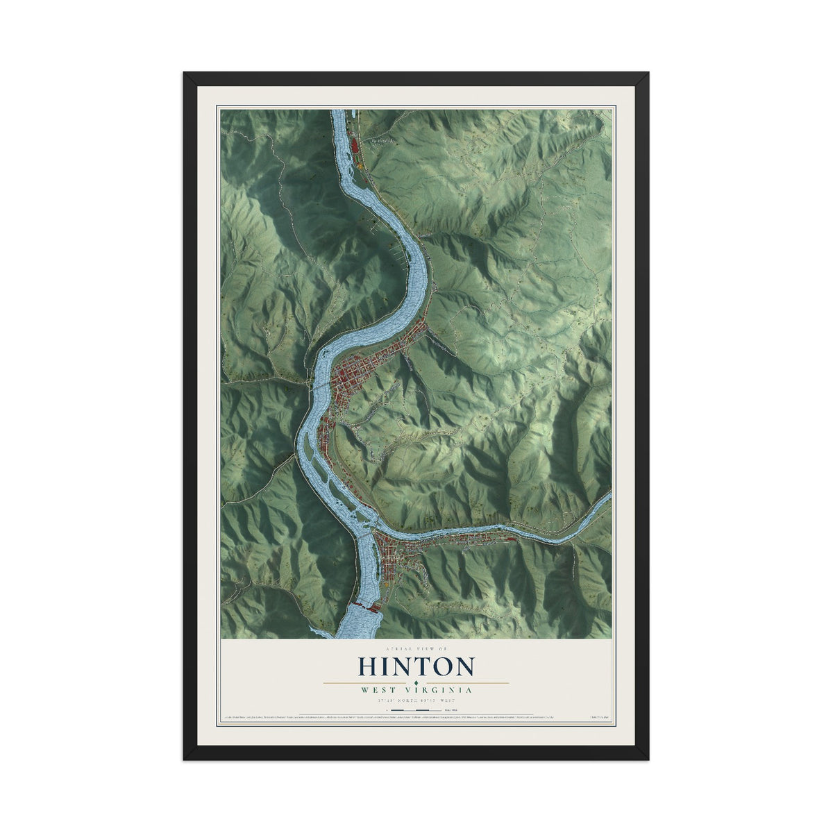 Map of Hinton, West Virginia, 12 x 18 inch print in a black wood frame