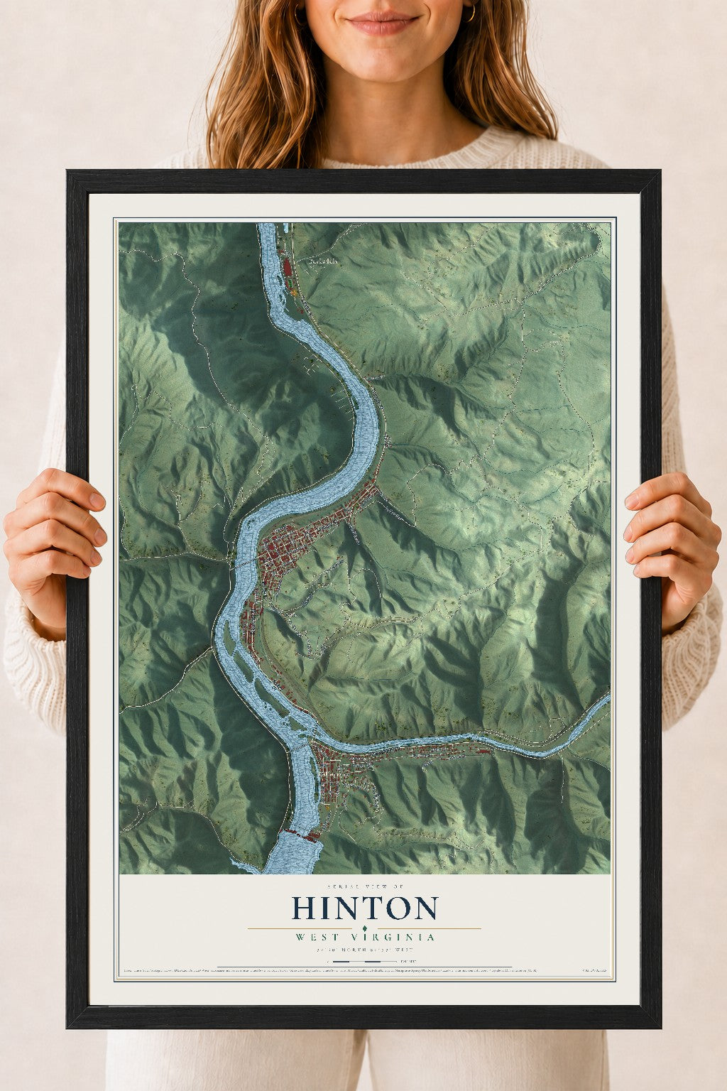 Map of Hinton, West Virginia, 18 x 24 inch print in a black wood frame