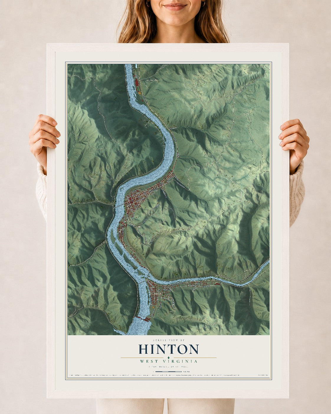 Map of Hinton, West Virginia, 24 x 36 inch print in a white wood frame
