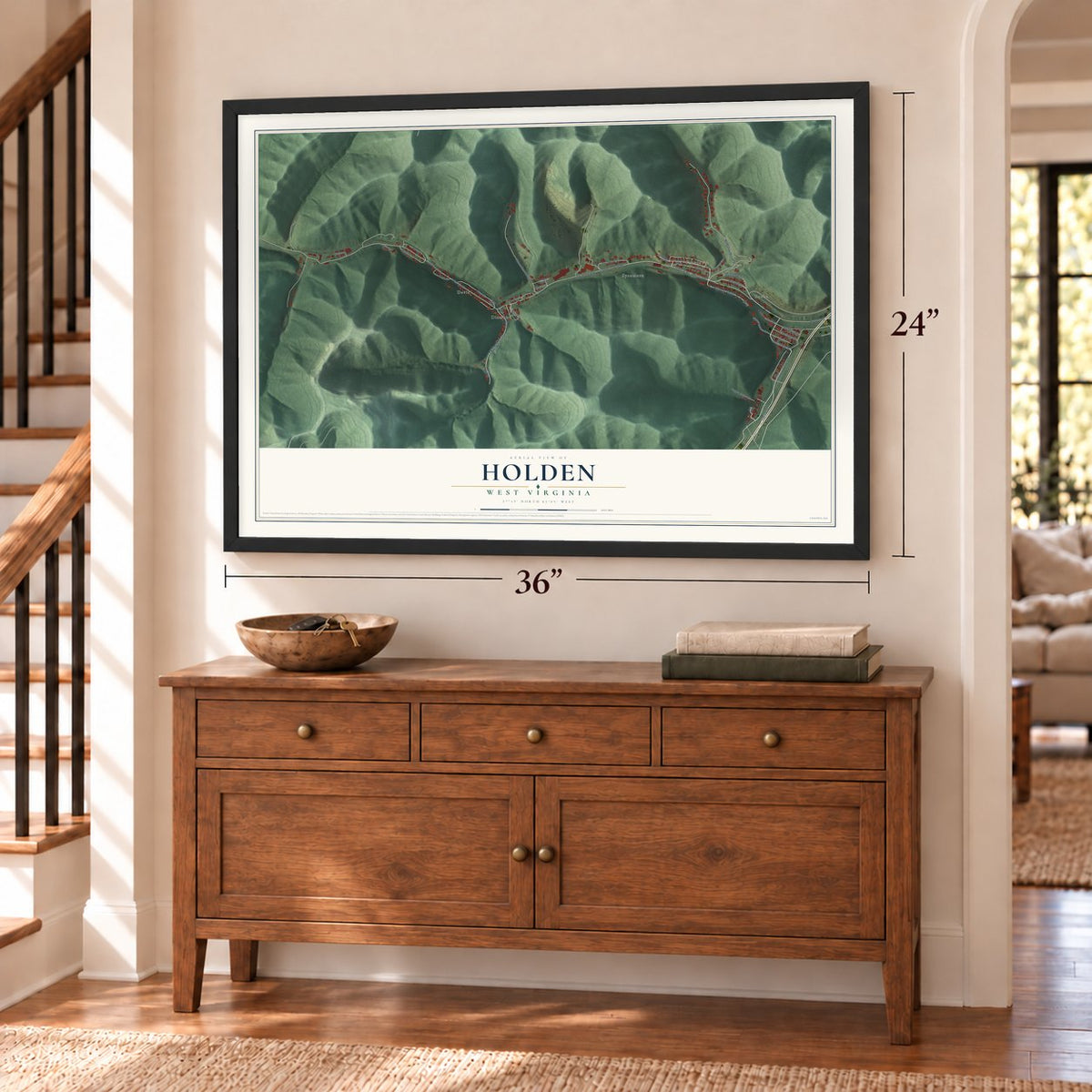 Holden, West Virginia map, 24 x 36 inch print in a black frame above a dresser by a staircase