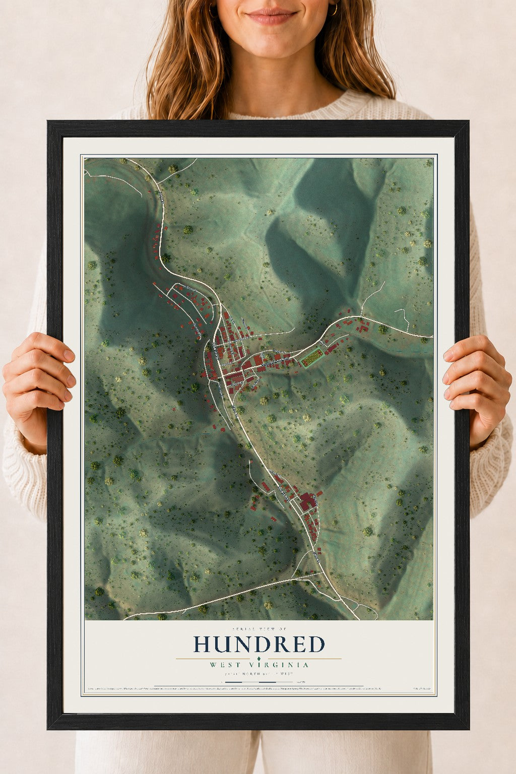 Map of Hundred, West Virginia, 18 x 24 inch print in a black wood frame
