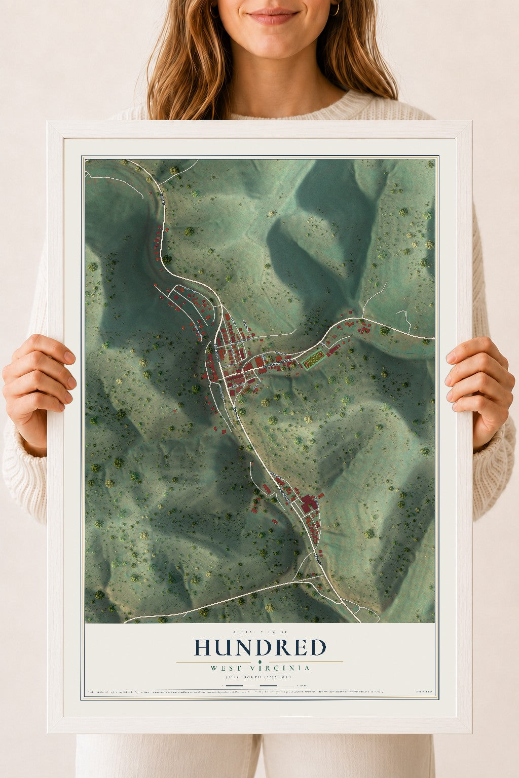 Map of Hundred, West Virginia, 18 x 24 inch print in a white wood frame