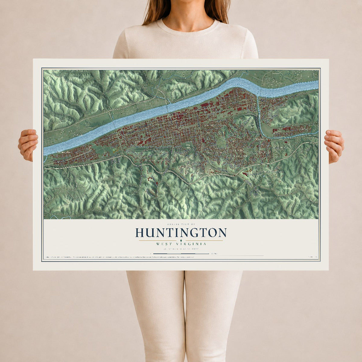 Map of Huntington, West Virginia, 24 x 36 inch unframed archival matte print