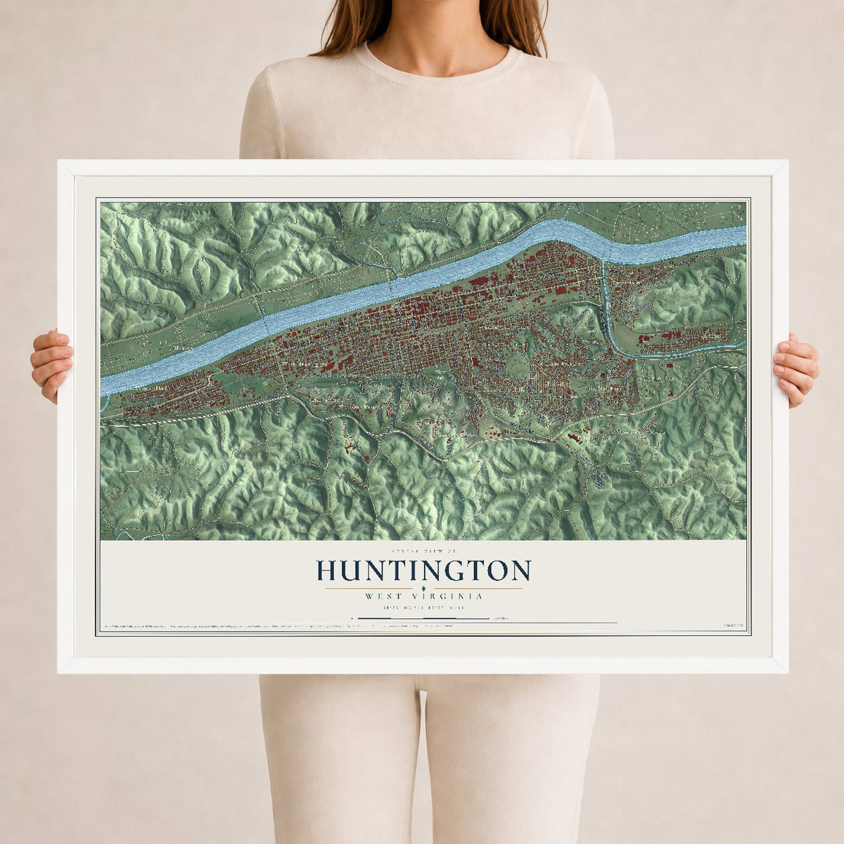 Map of Huntington, West Virginia, 24 x 36 inch print in a white wood frame