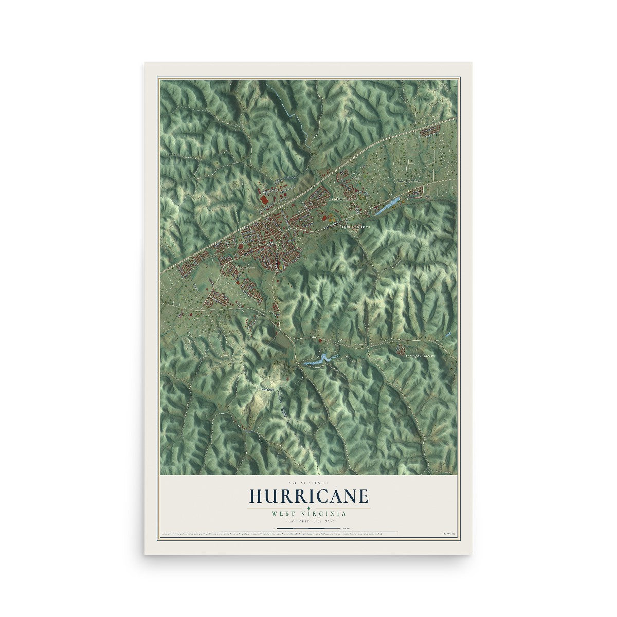 Map of Hurricane, West Virginia, 12 x 18 inch unframed archival matte print