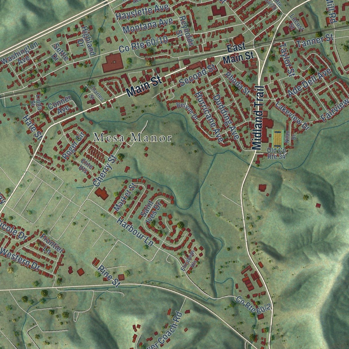 Close-up of the map of Hurricane, West Virginia print showing street and building detail
