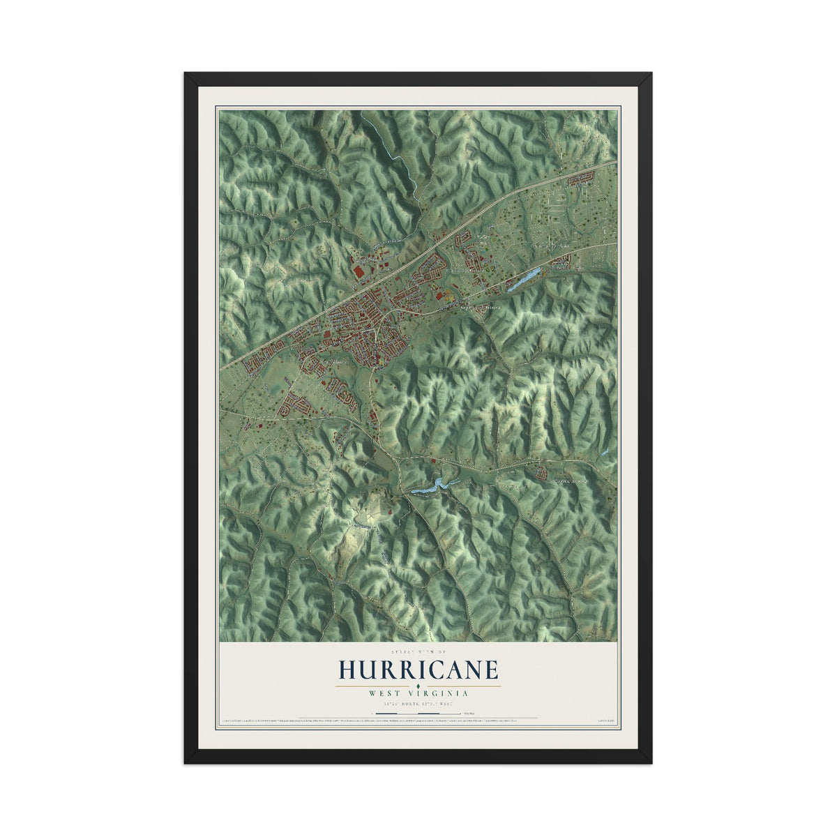 Map of Hurricane, West Virginia, 12 x 18 inch print in a black wood frame
