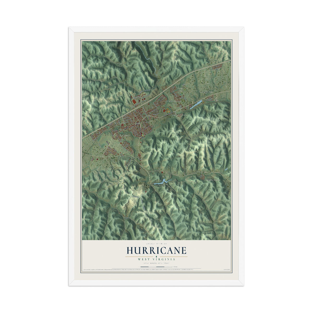 Map of Hurricane, West Virginia, 12 x 18 inch print in a white wood frame