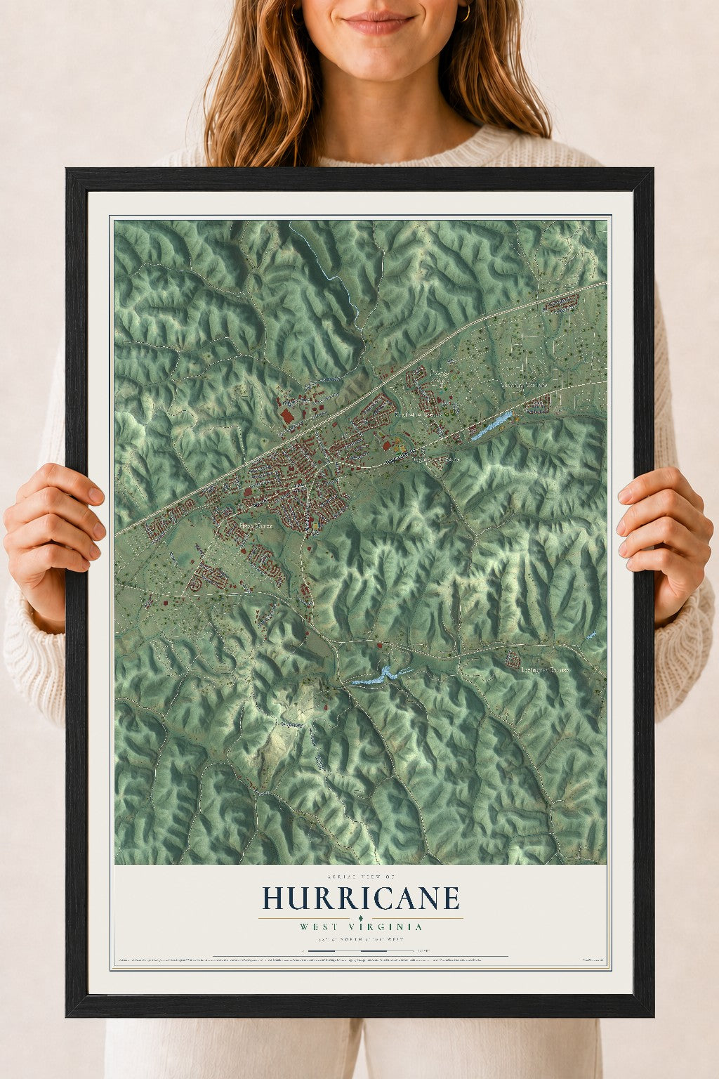Map of Hurricane, West Virginia, 18 x 24 inch print in a black wood frame