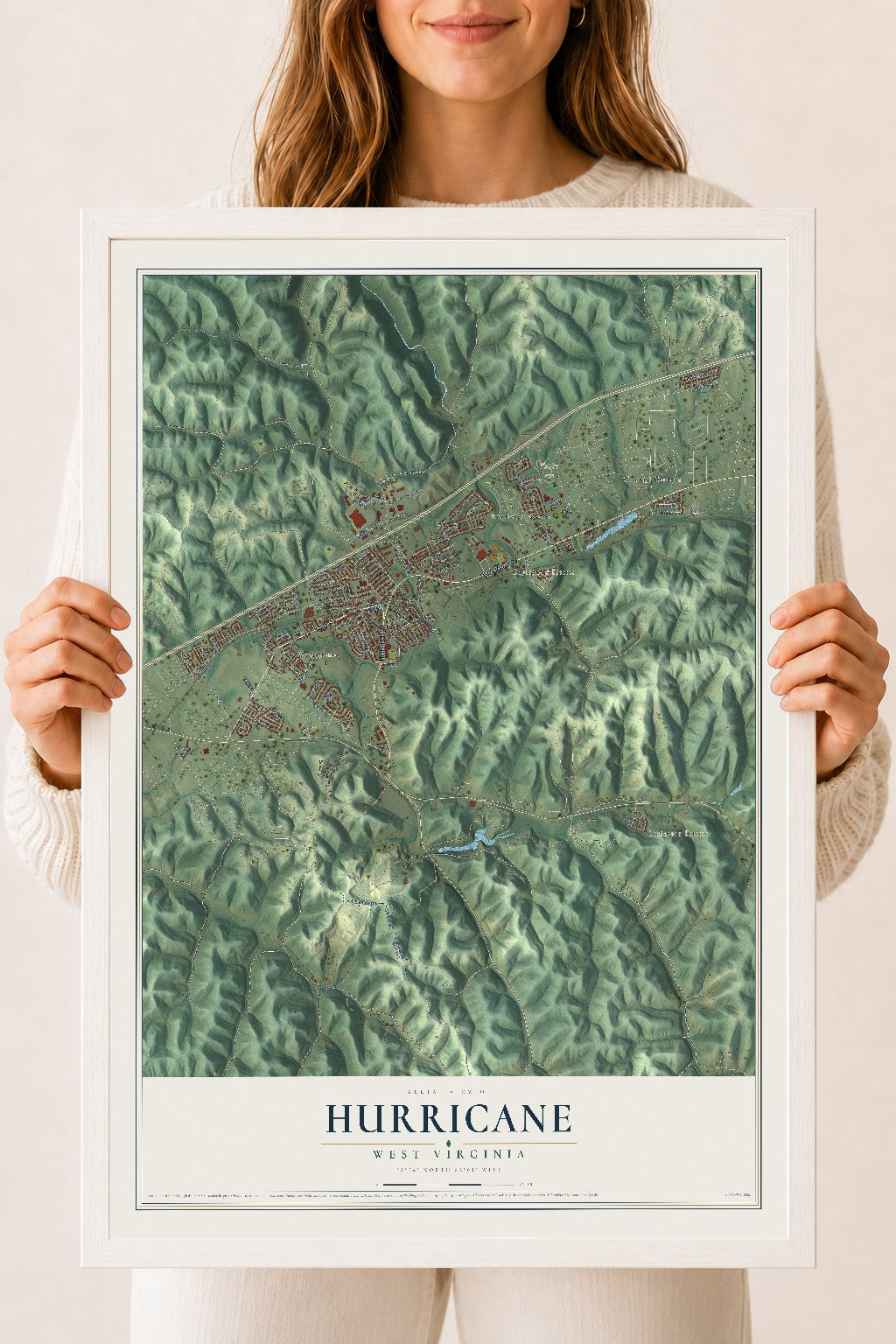 Map of Hurricane, West Virginia, 18 x 24 inch print in a white wood frame