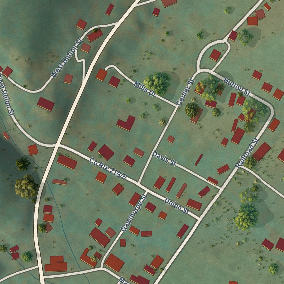 Close-up of the map of Huttonsville, West Virginia print showing street and building detail
