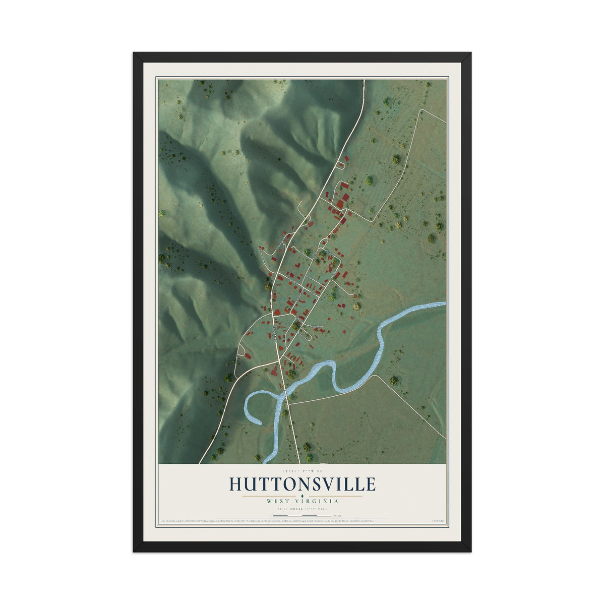 Map of Huttonsville, West Virginia, 12 x 18 inch print in a black wood frame