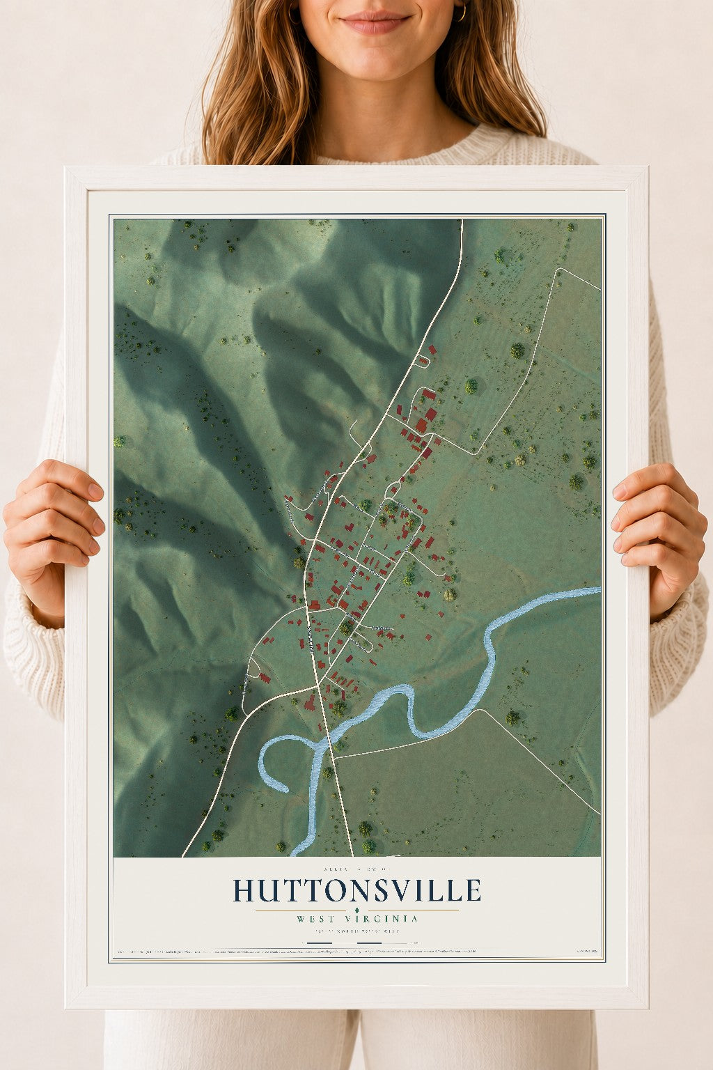 Map of Huttonsville, West Virginia, 18 x 24 inch print in a white wood frame