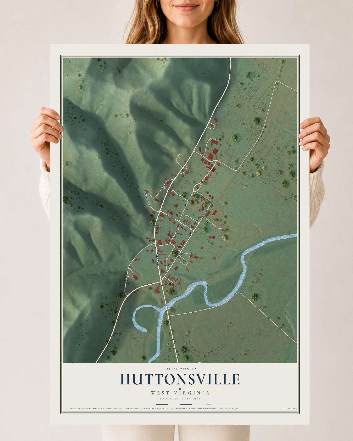 Map of Huttonsville, West Virginia, 24 x 36 inch unframed archival matte print