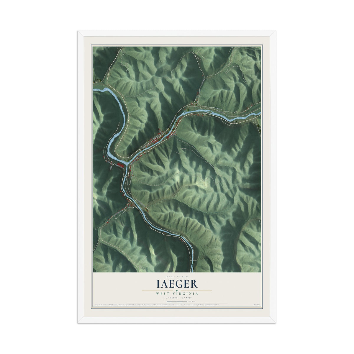 Map of Iaeger, West Virginia, 12 x 18 inch print in a white wood frame