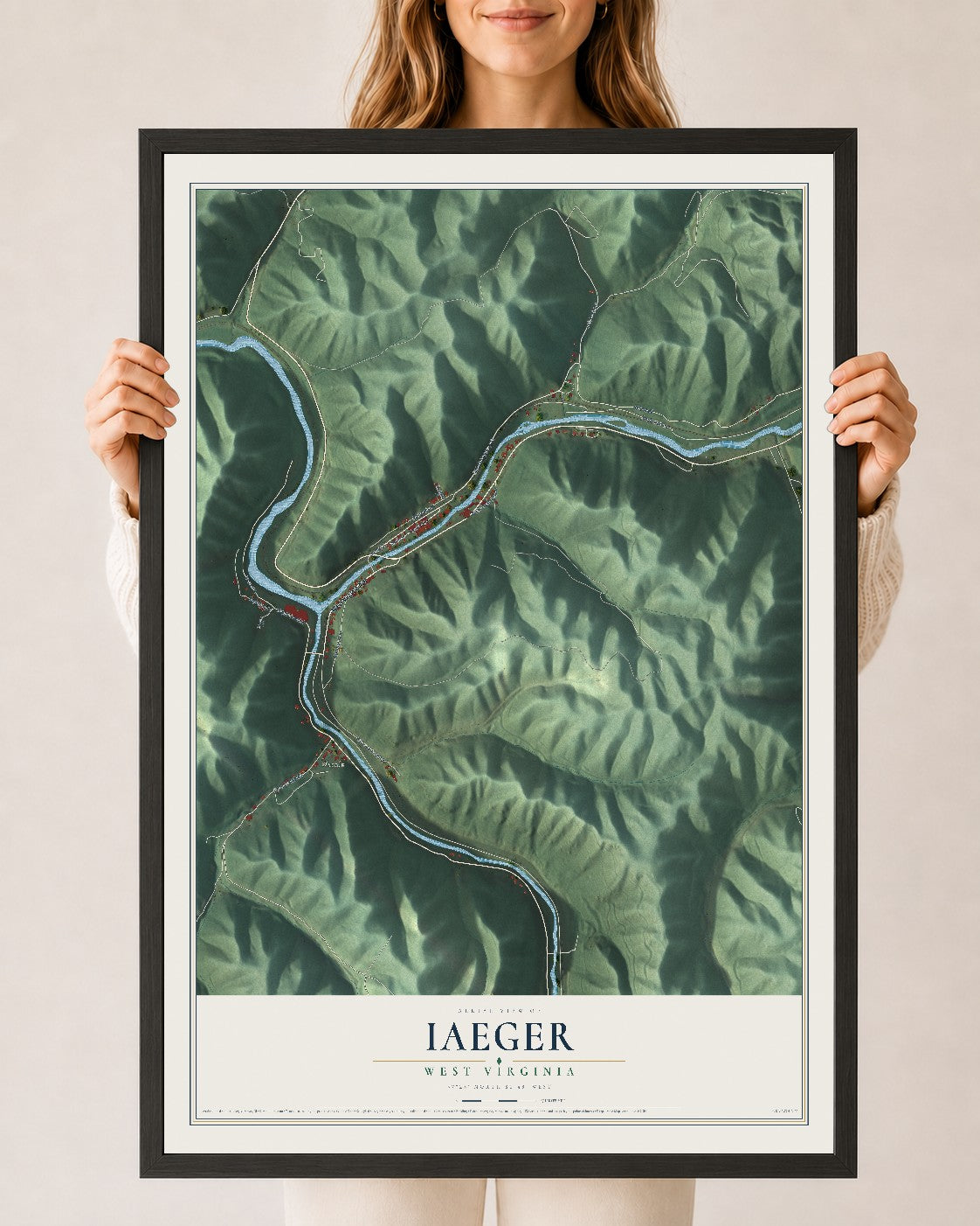 Map of Iaeger, West Virginia, 24 x 36 inch print in a black wood frame