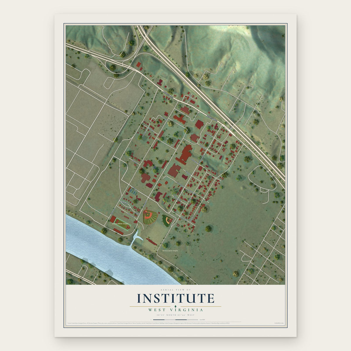 Institute, West Virginia map print, the full design