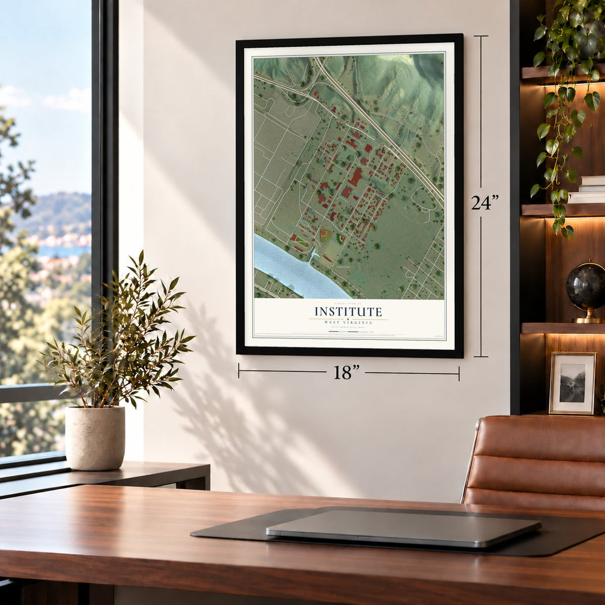 Institute, West Virginia map, 18 x 24 inch print in a black frame in a home office