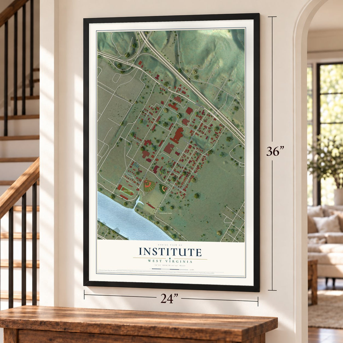 Institute, West Virginia map, 24 x 36 inch print in a black frame by a staircase