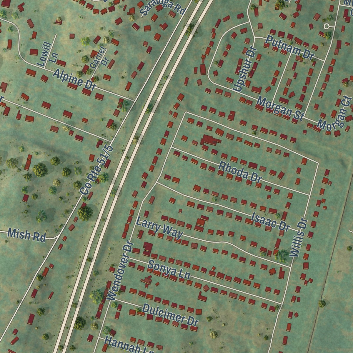Close-up of the map of Inwood, West Virginia print showing street and building detail