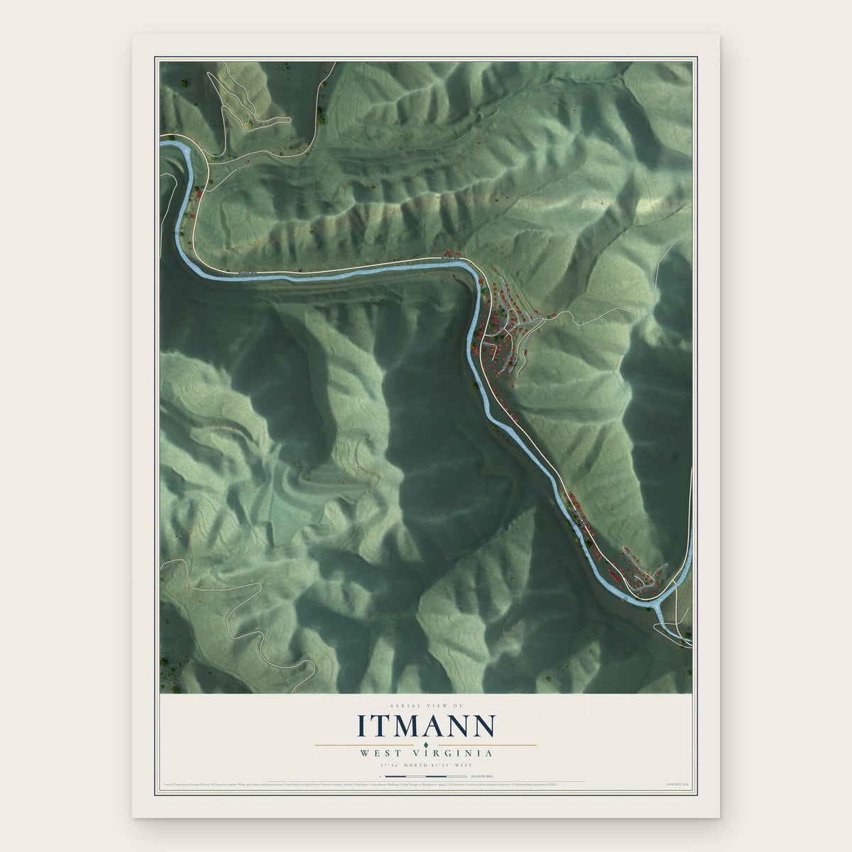 Itmann, West Virginia map print, the full design