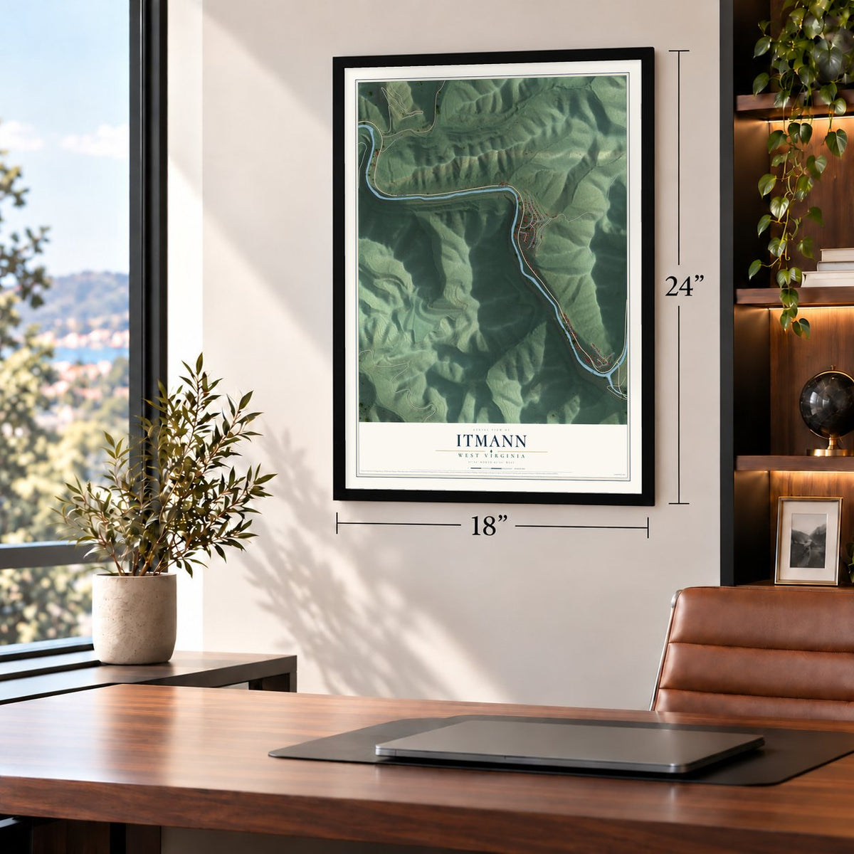 Itmann, West Virginia map, 18 x 24 inch print in a black frame in a home office