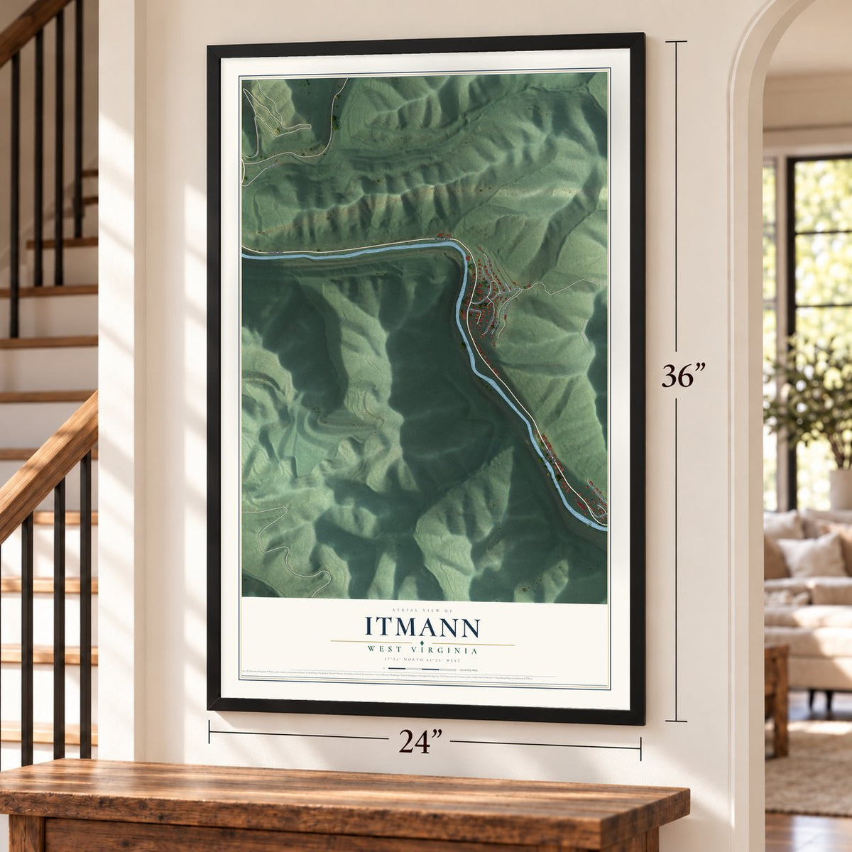 Itmann, West Virginia map, 24 x 36 inch print in a black frame by a staircase