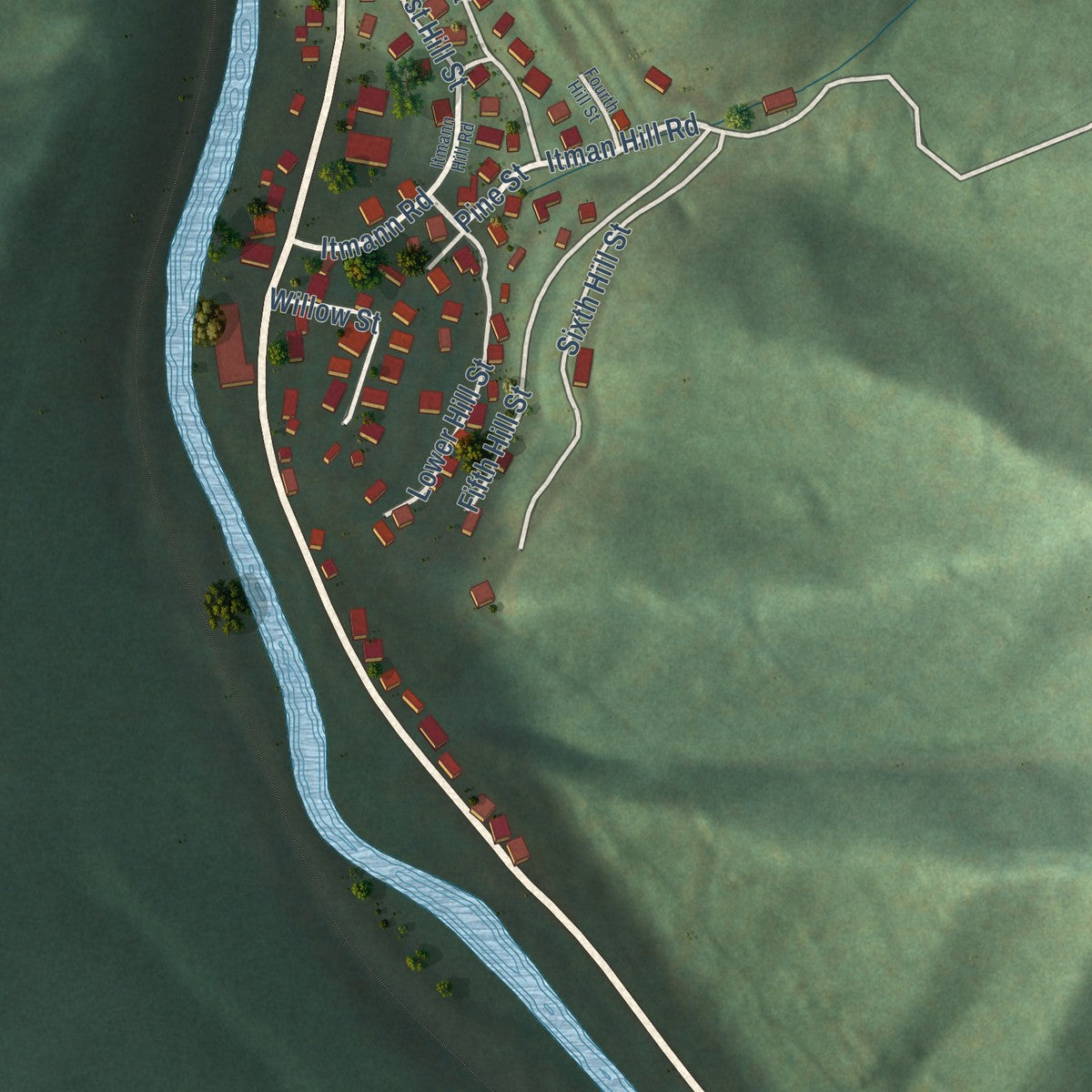 Close-up of the map of Itmann, West Virginia print showing street and building detail