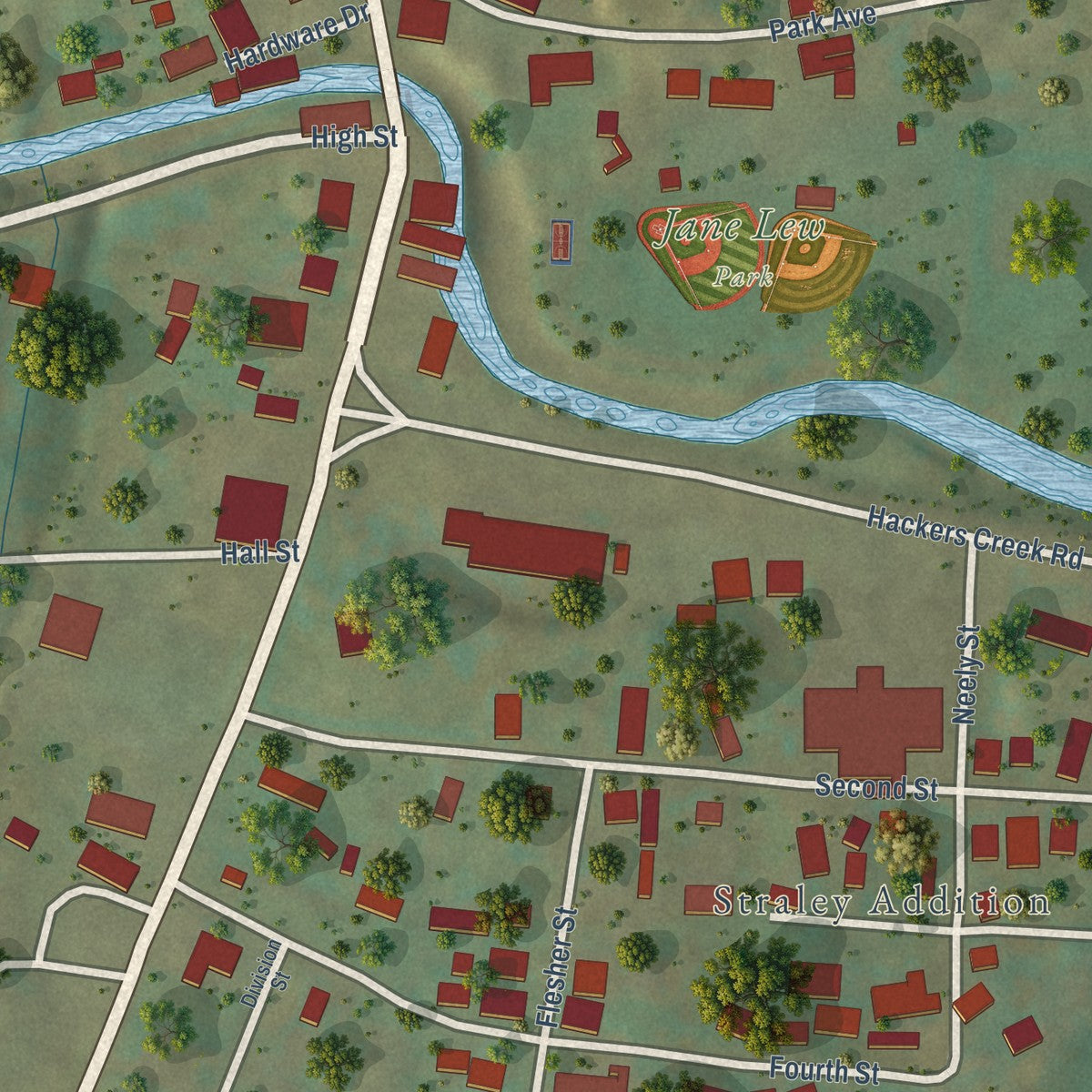 Close-up of the map of Jane Lew, West Virginia print showing street and building detail