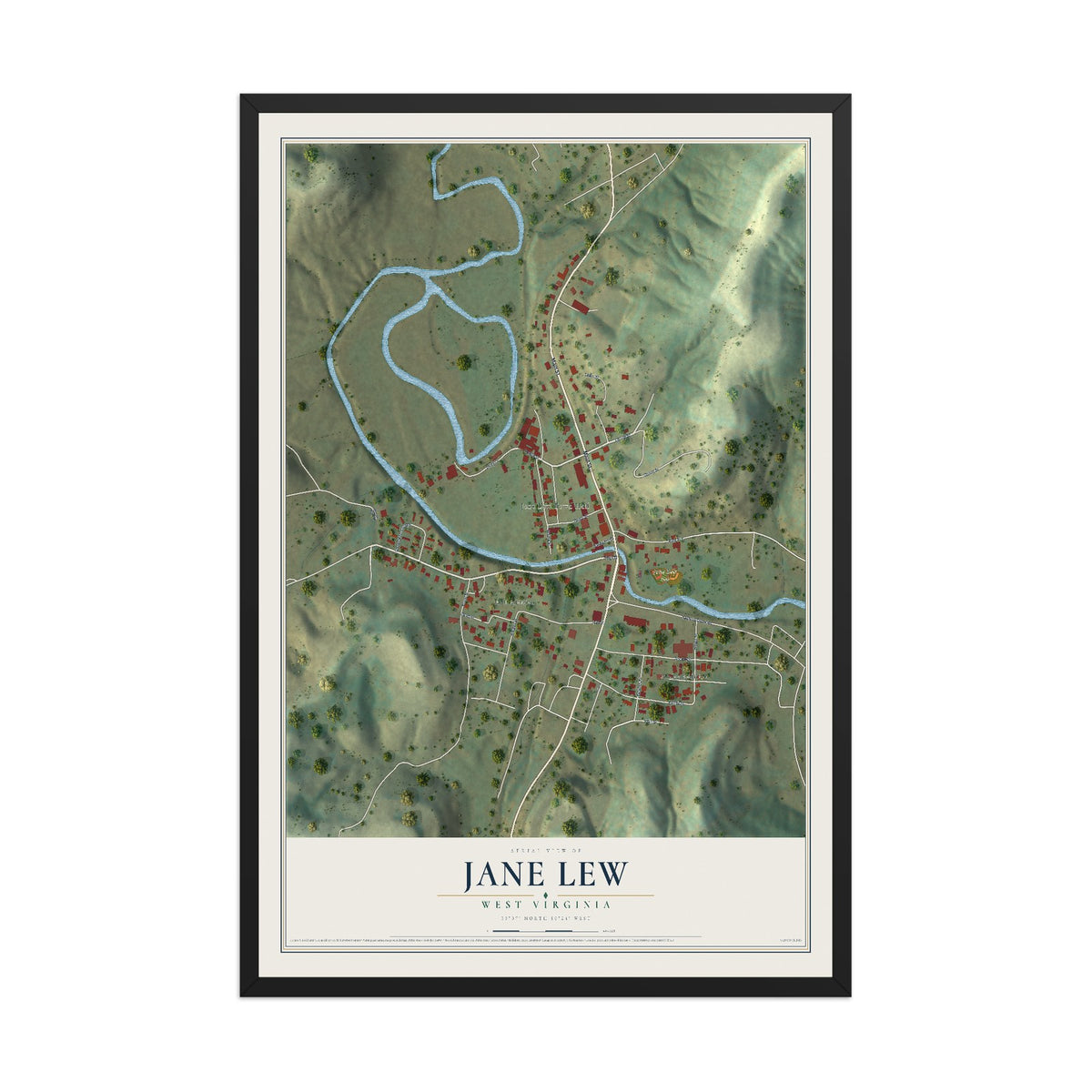 Map of Jane Lew, West Virginia, 12 x 18 inch print in a black wood frame
