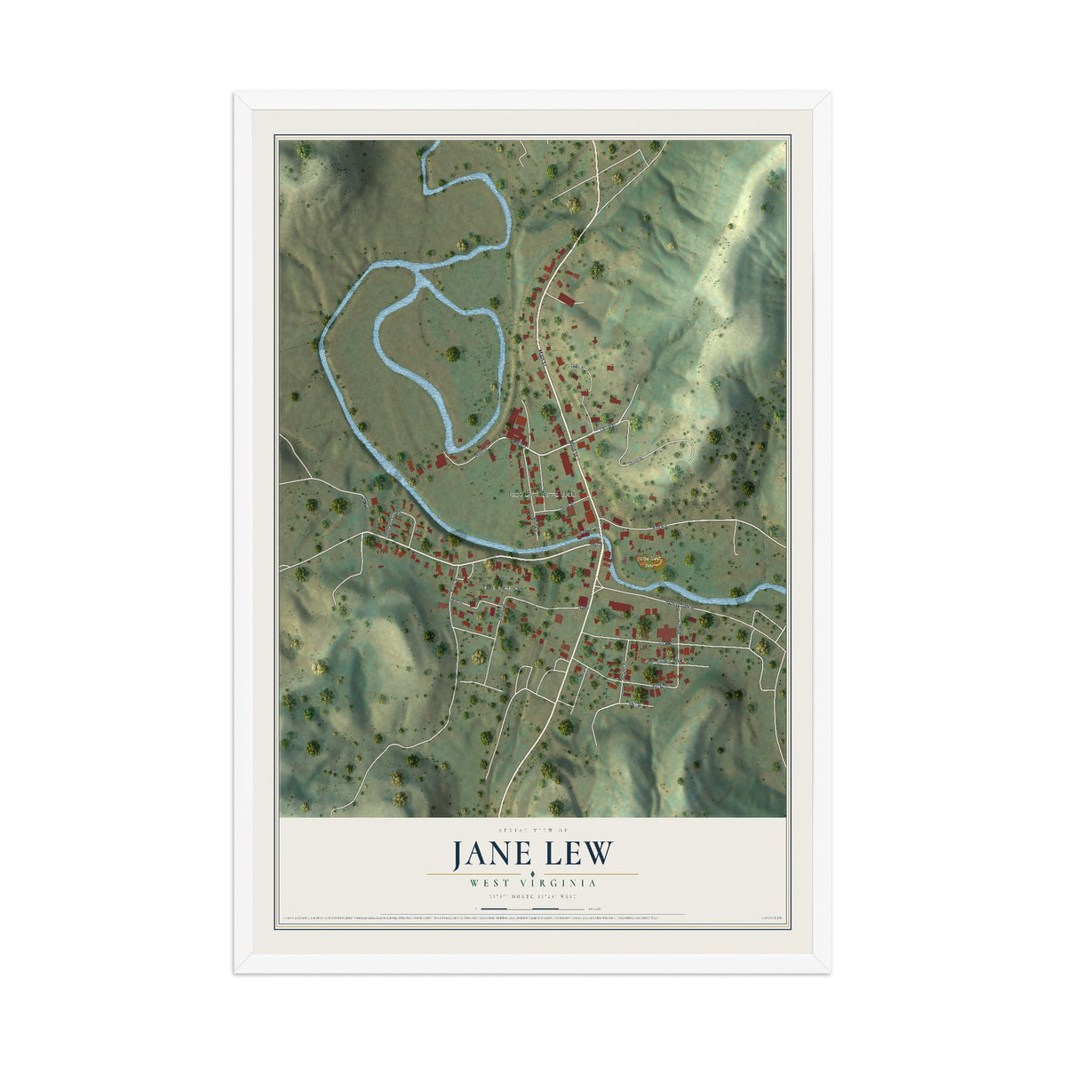 Map of Jane Lew, West Virginia, 12 x 18 inch print in a white wood frame