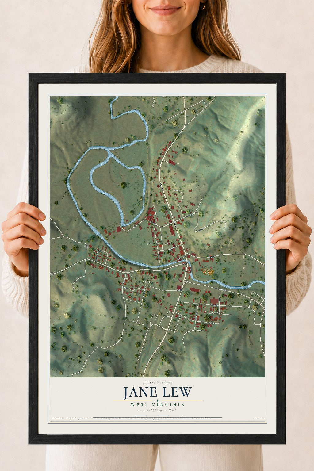 Map of Jane Lew, West Virginia, 18 x 24 inch print in a black wood frame