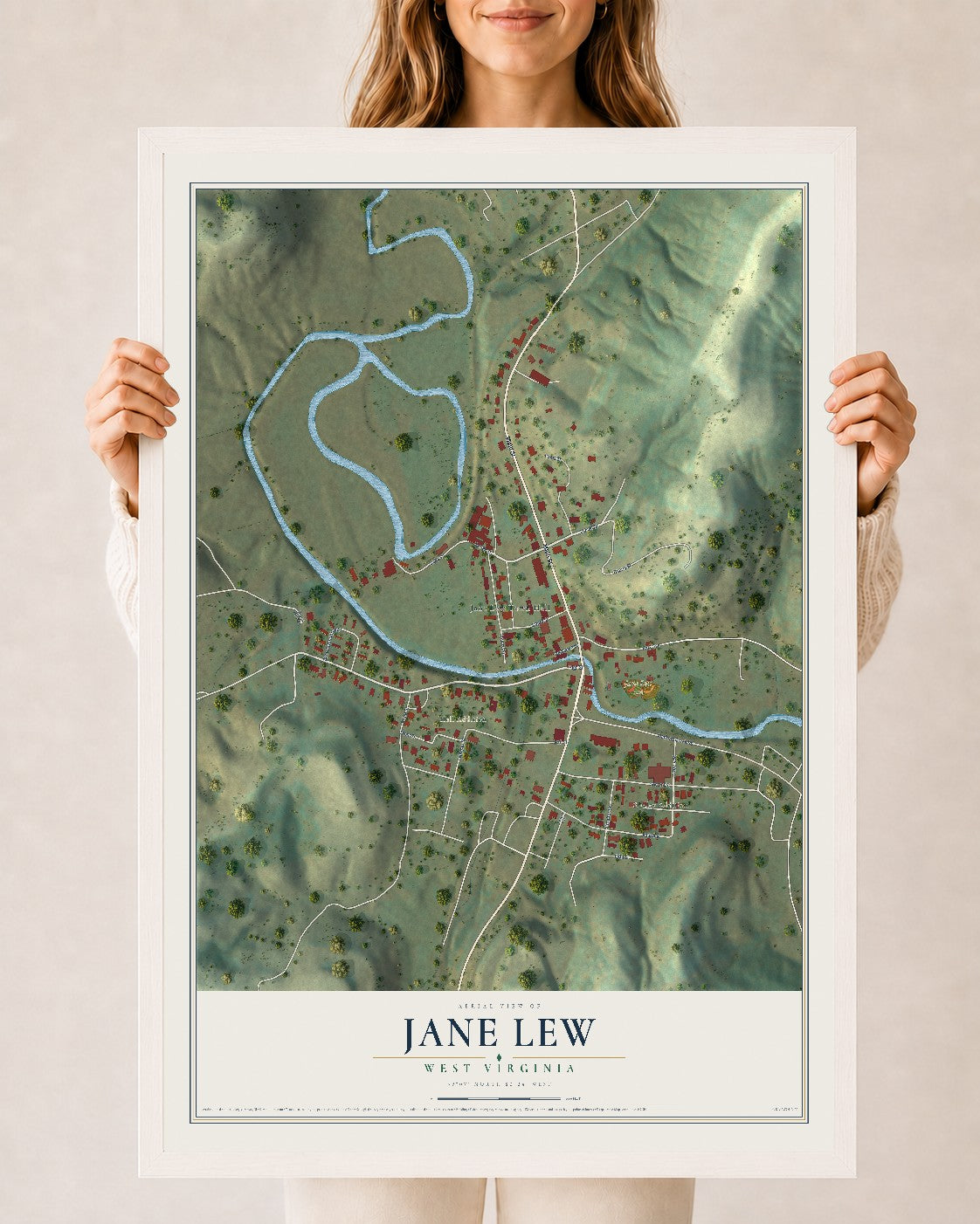Map of Jane Lew, West Virginia, 24 x 36 inch print in a white wood frame