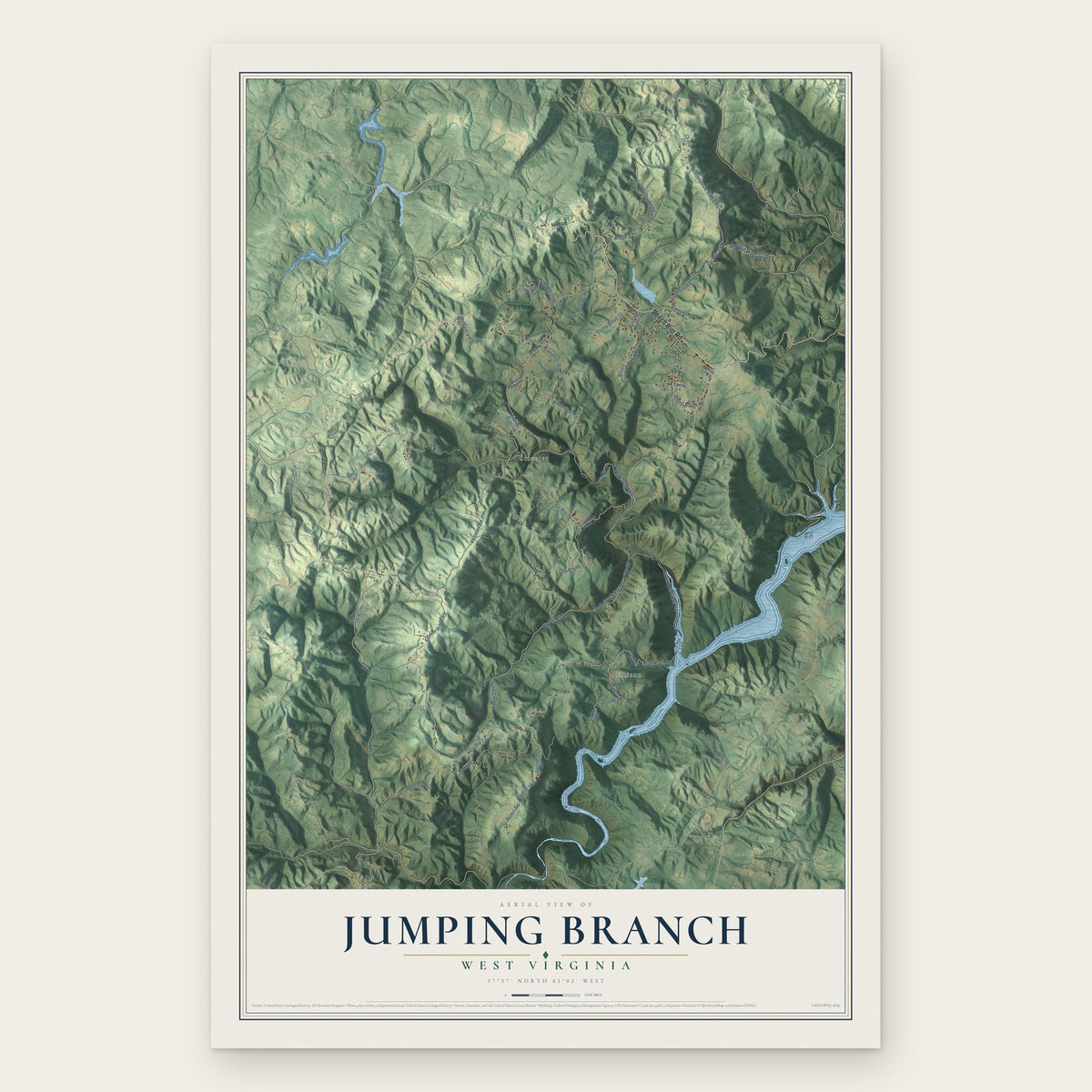 Jumping Branch, West Virginia map print, the full design