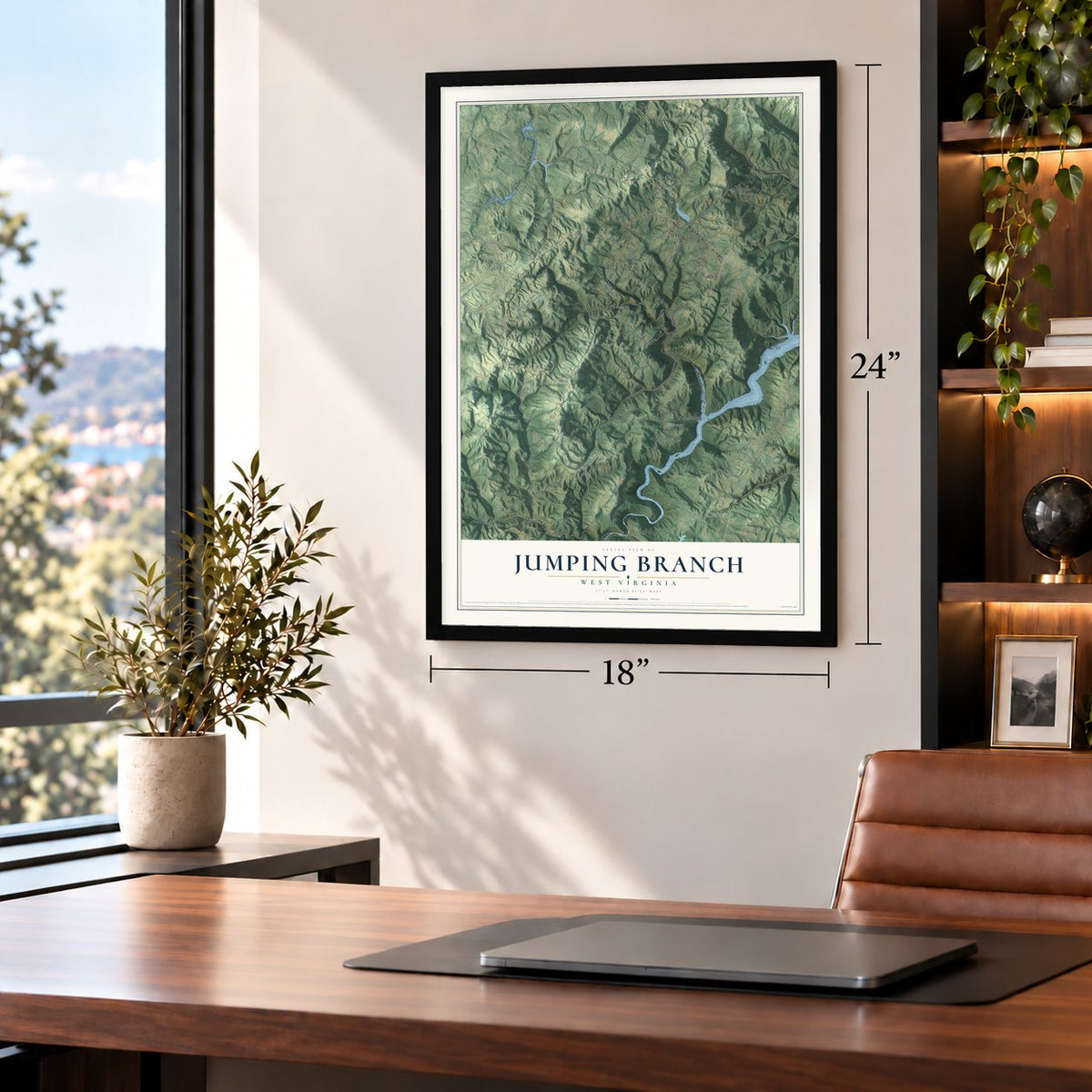 Jumping Branch, West Virginia map, 18 x 24 inch print in a black frame in a home office