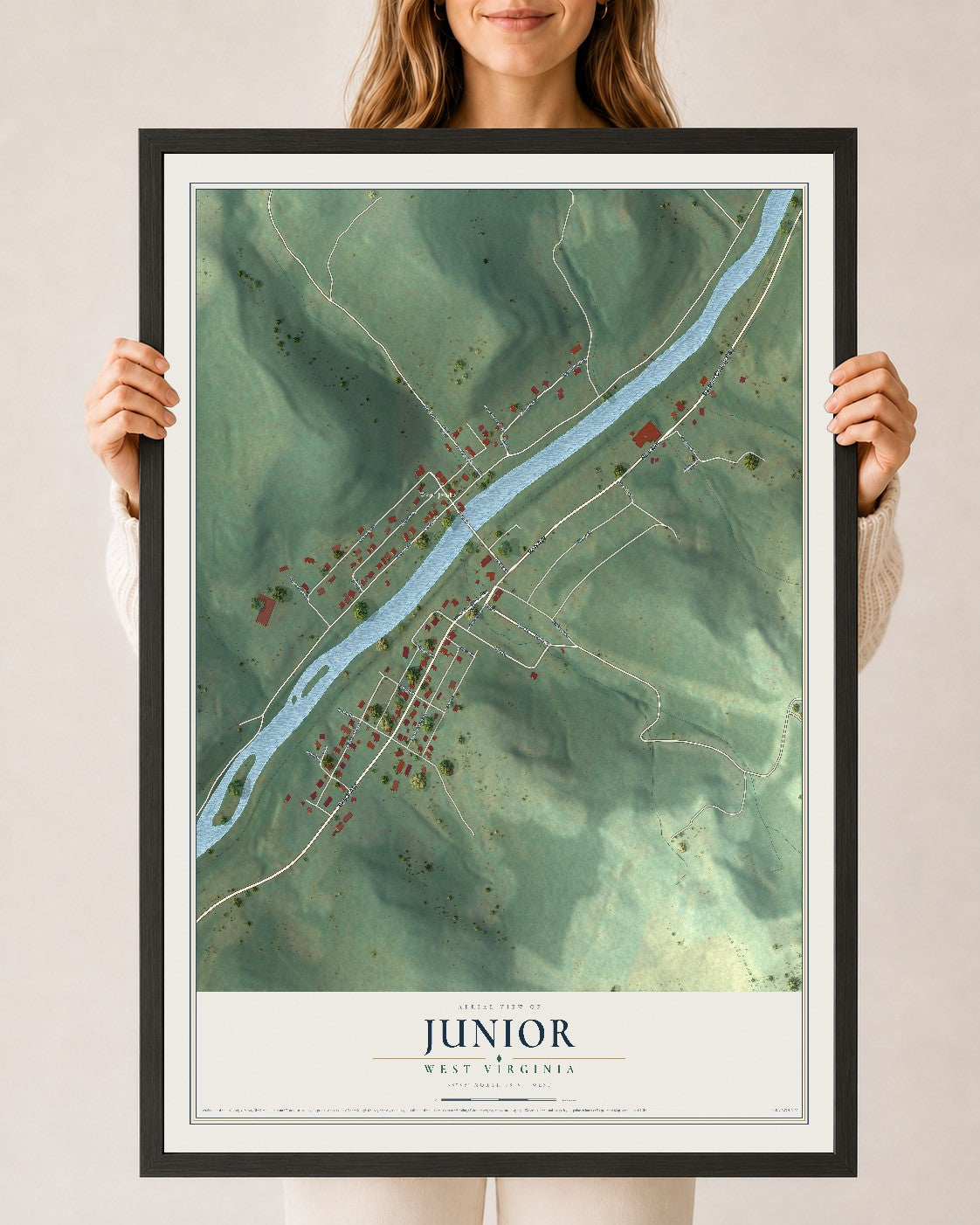 Map of Junior, West Virginia, 24 x 36 inch print in a black wood frame