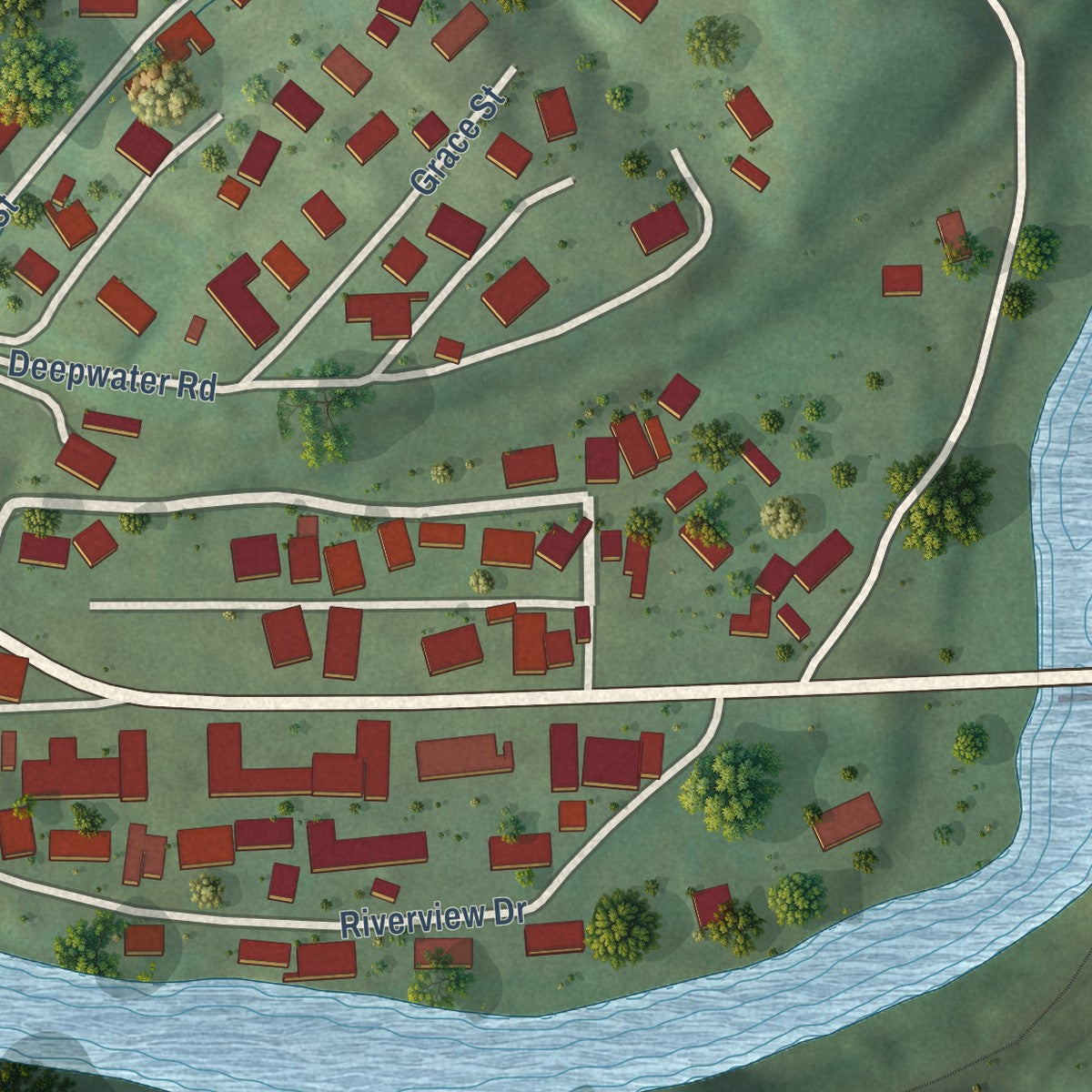 Close-up of the map of Justice, West Virginia print showing street and building detail