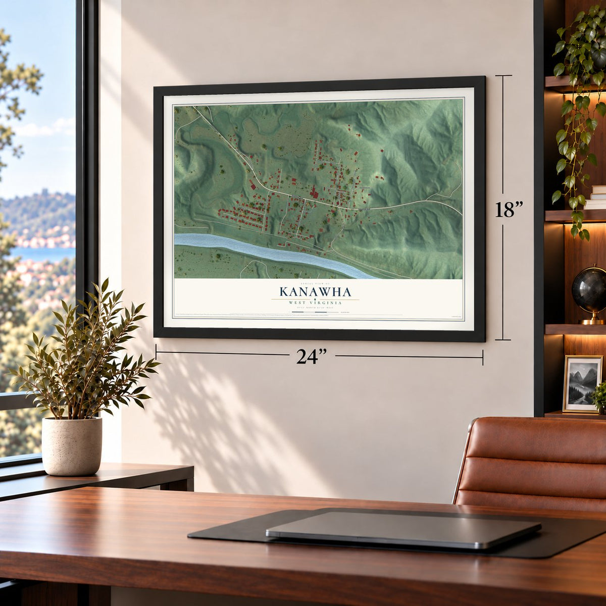 Kanawha, West Virginia map, 18 x 24 inch print in a black frame in a home office