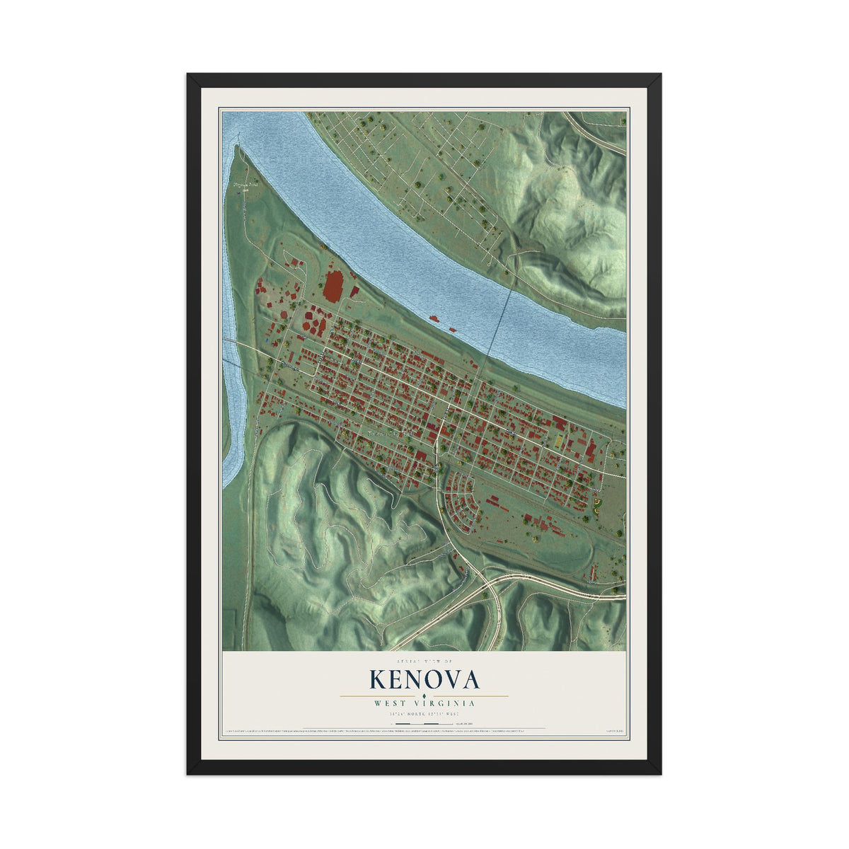 Map of Kenova, West Virginia, 12 x 18 inch print in a black wood frame