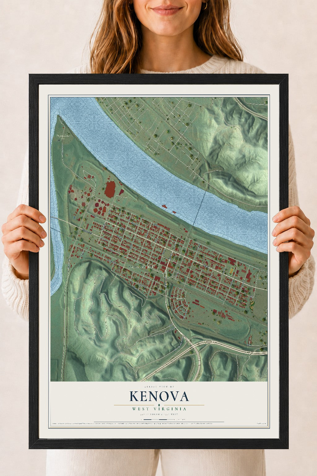Map of Kenova, West Virginia, 18 x 24 inch print in a black wood frame