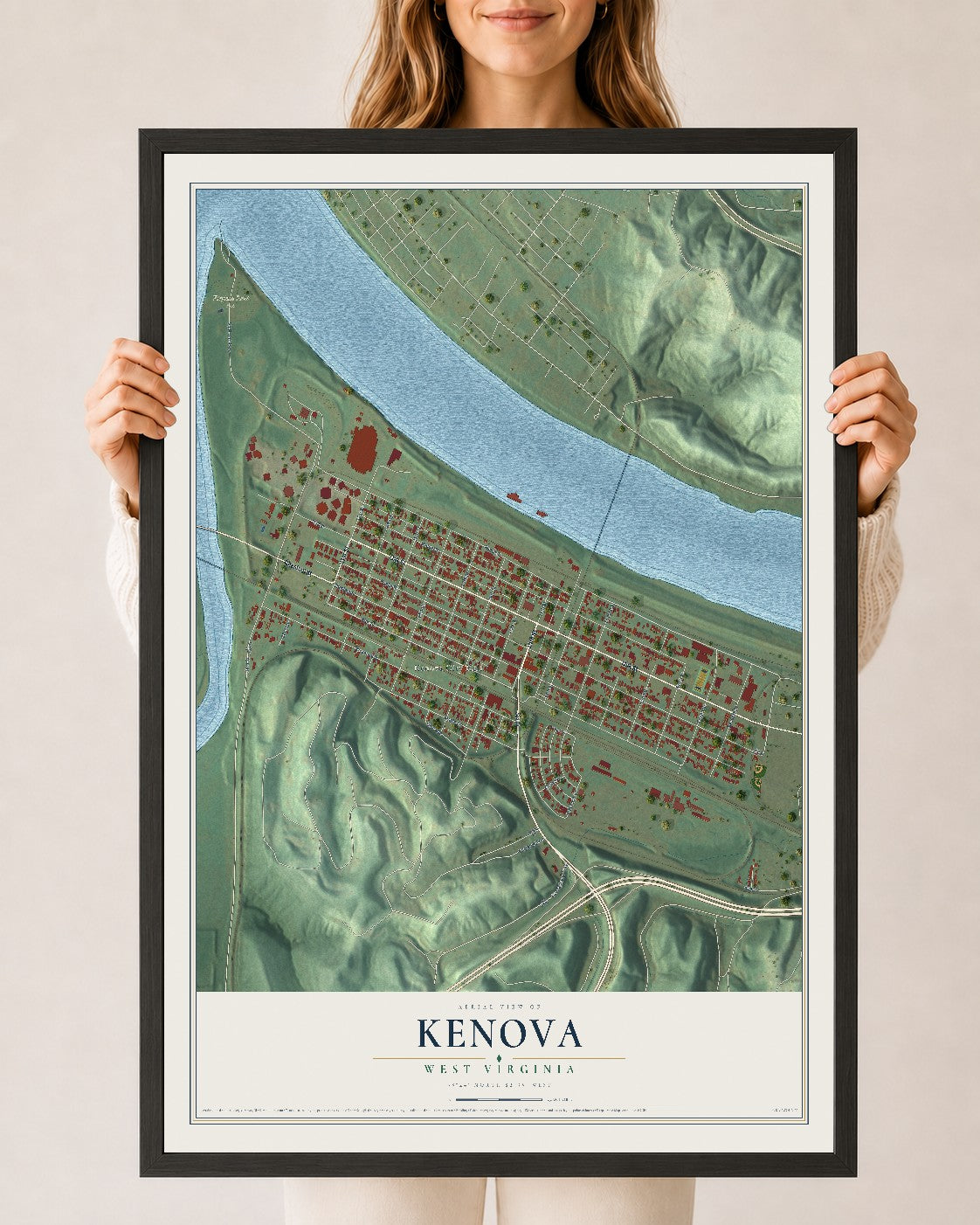 Map of Kenova, West Virginia, 24 x 36 inch print in a black wood frame