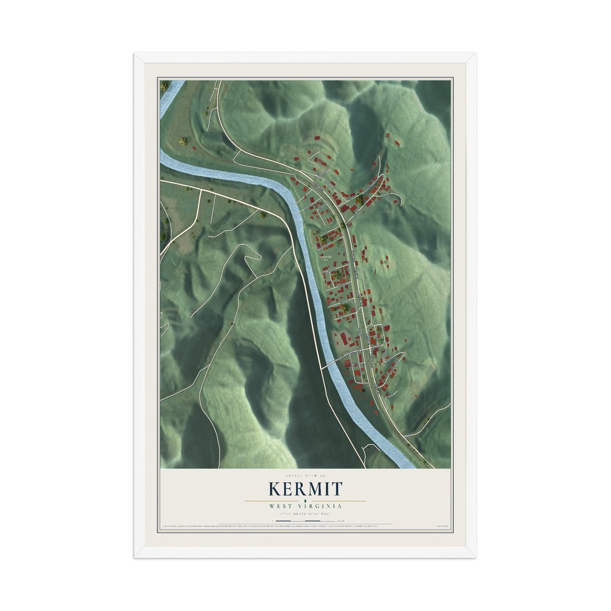 Map of Kermit, West Virginia, 12 x 18 inch print in a white wood frame