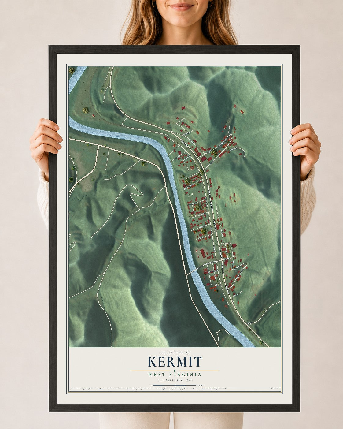 Map of Kermit, West Virginia, 24 x 36 inch print in a black wood frame
