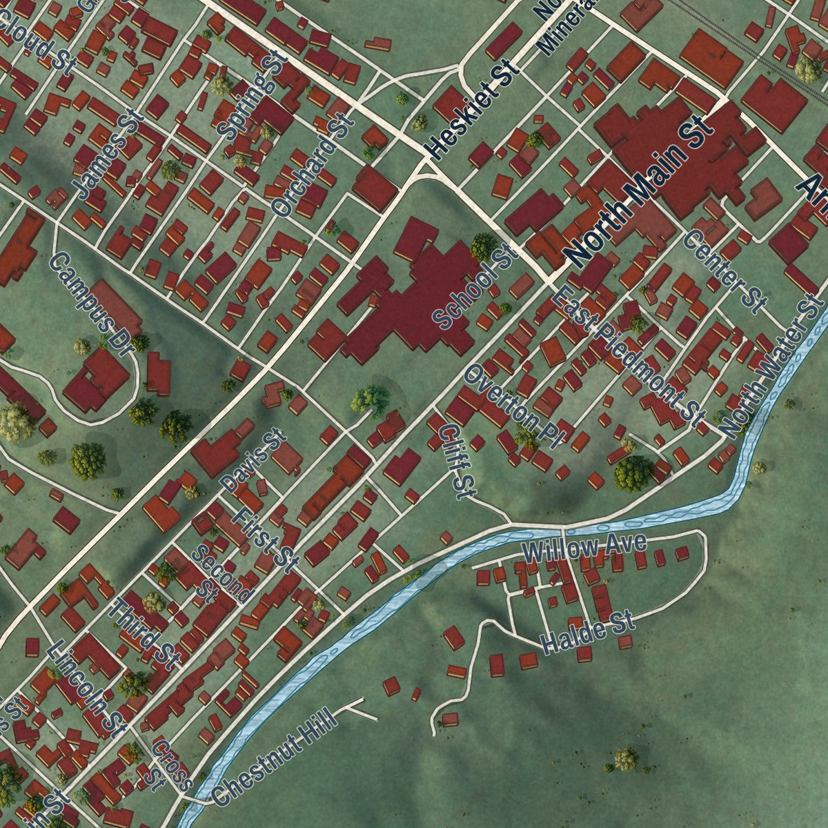 Second close-up of the map of Keyser, West Virginia print showing more streets and buildings