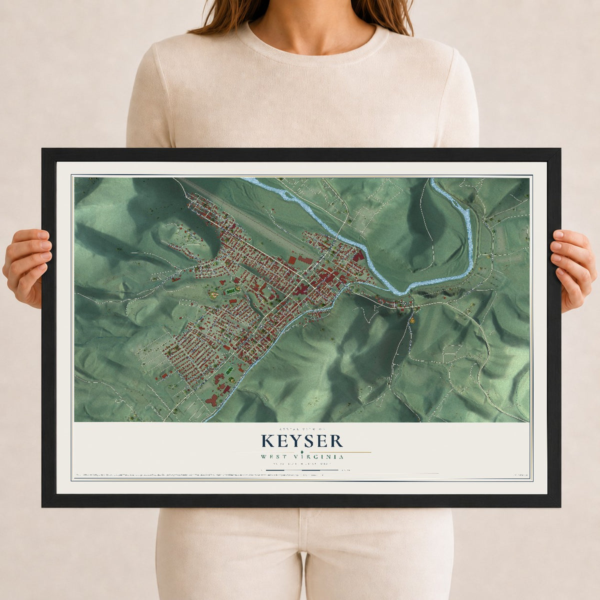 Map of Keyser, West Virginia, 12 x 18 inch print in a black wood frame