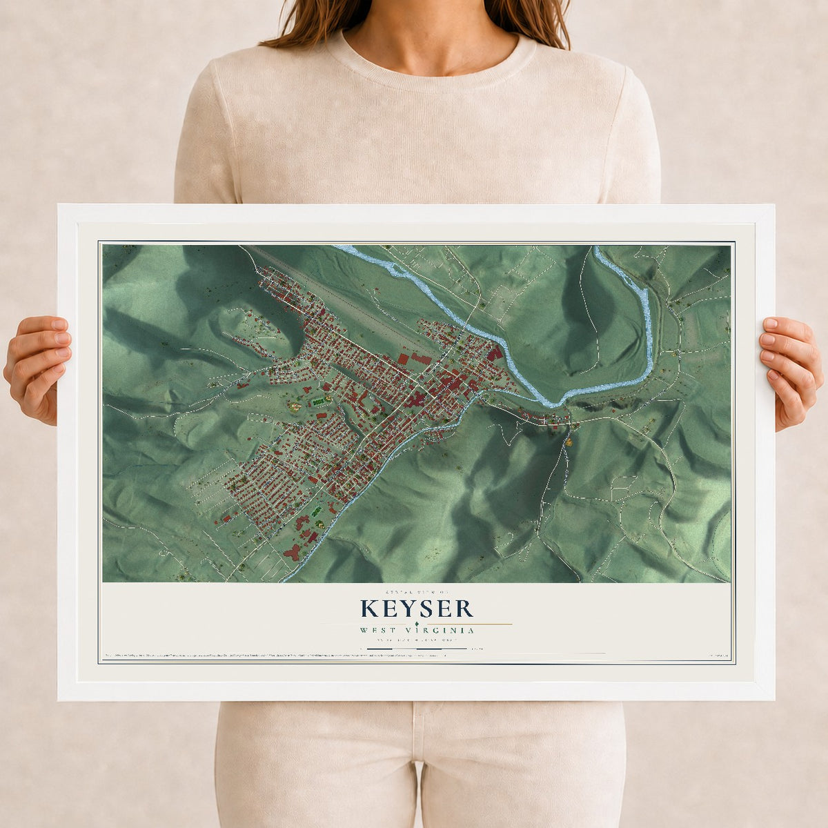 Map of Keyser, West Virginia, 12 x 18 inch print in a white wood frame