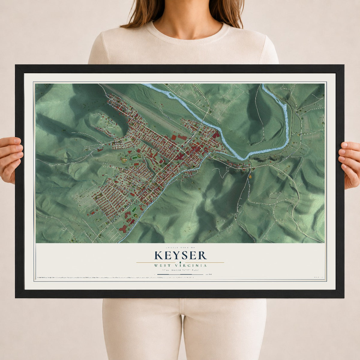 Map of Keyser, West Virginia, 18 x 24 inch print in a black wood frame