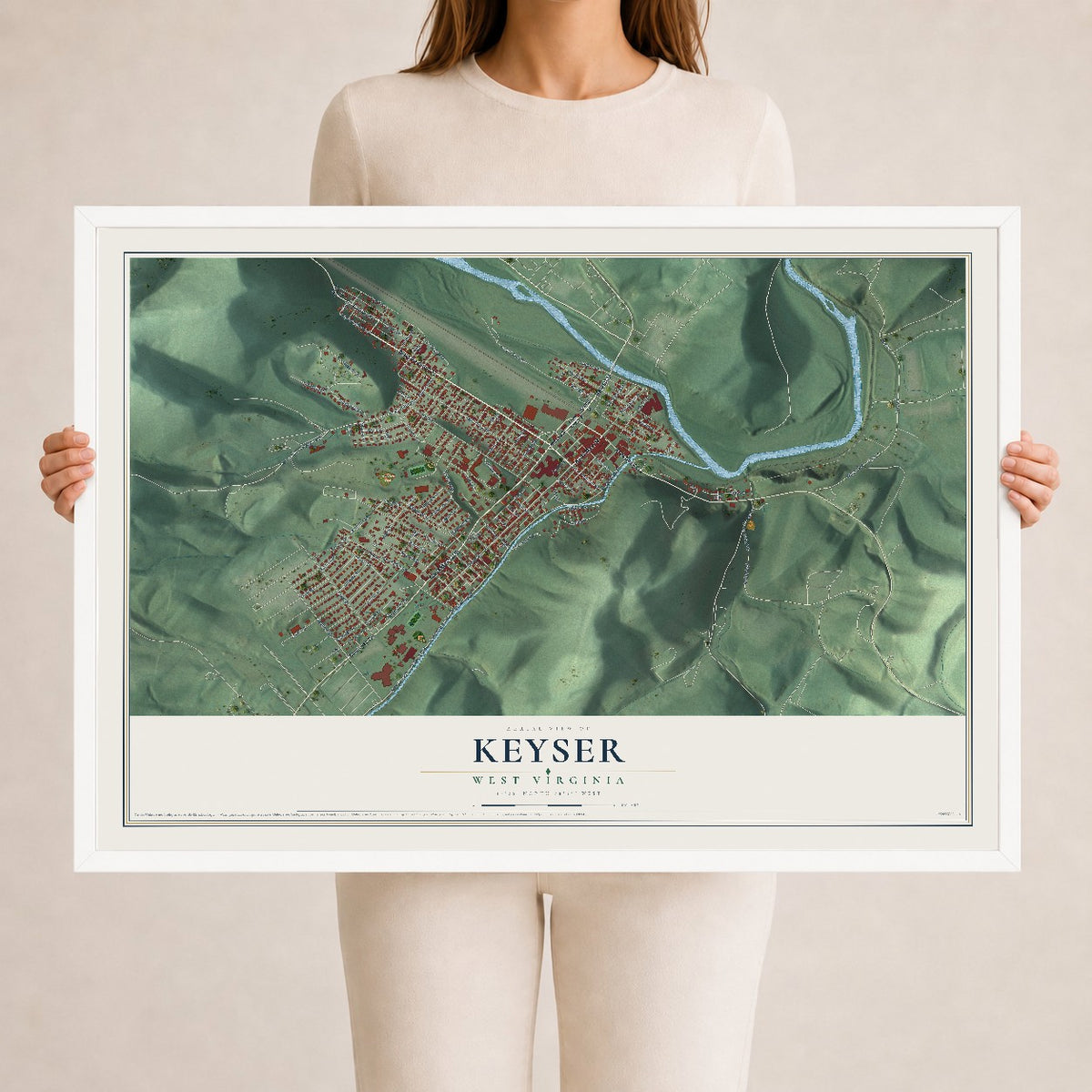 Map of Keyser, West Virginia, 24 x 36 inch print in a white wood frame