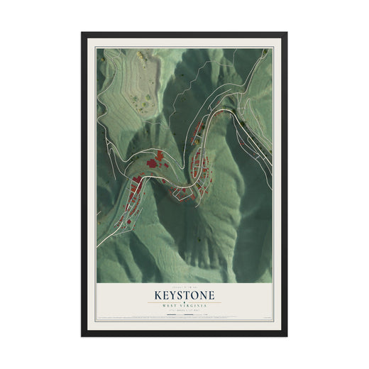 Map of Keystone, West Virginia, 12 x 18 inch print in a black wood frame